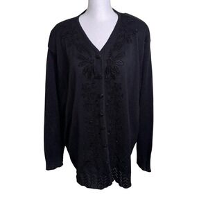 Nina Patrick Women's Sweater Wool Blend Black Cardigan Sz 2+ Beaded Button Front